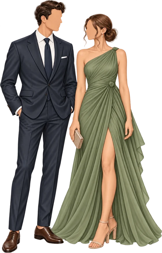 Ejemplo de vestimenta formal: él de traje azul con corbata, ella con vestido largo